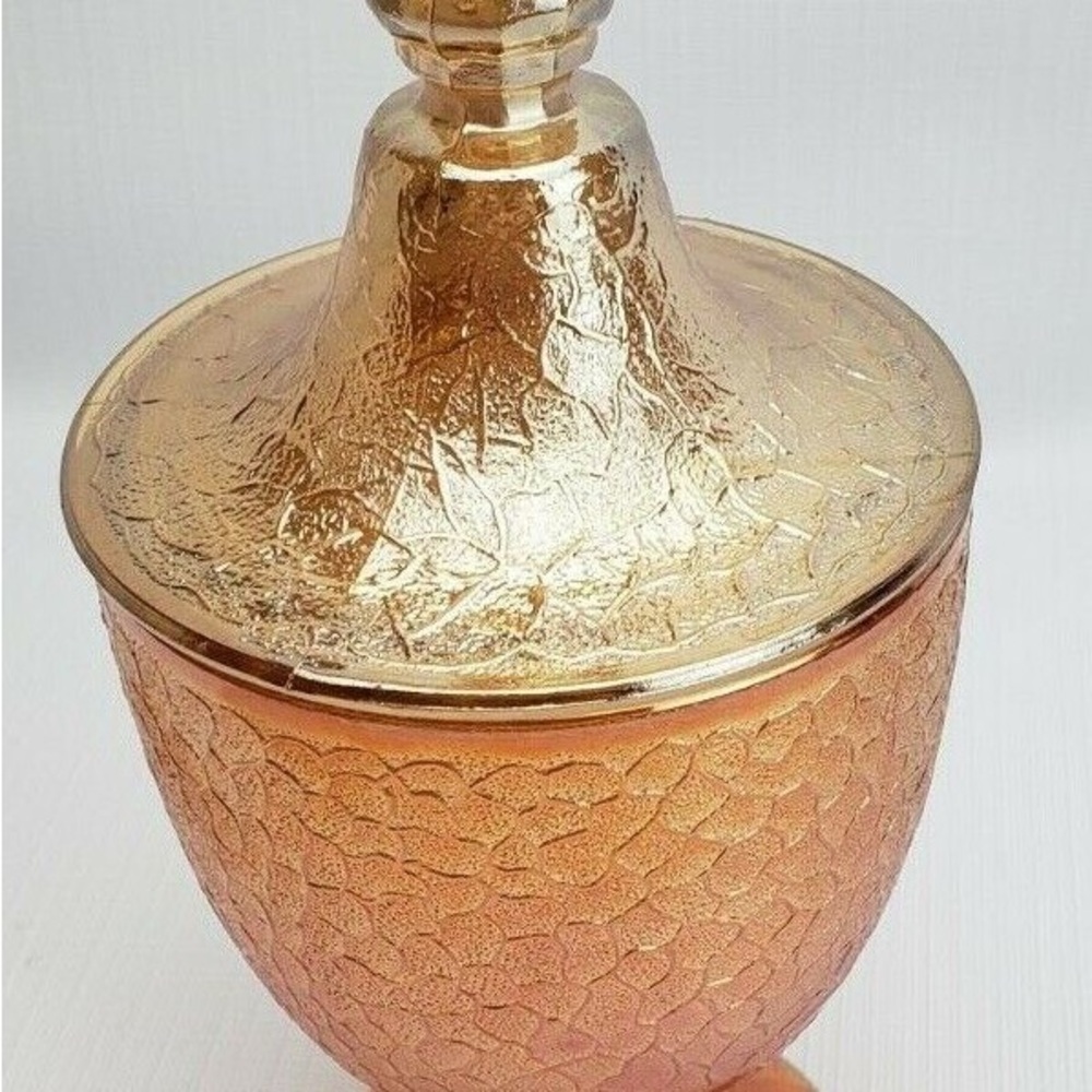 Vintage 8” Carnival Glass Jeanette Crackle Marigold Covered Candy Dish Footed